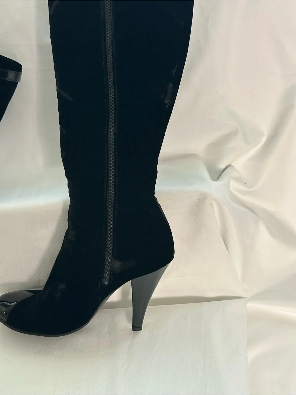 CHANEL Black Velvet Patent Leather Knee High Boots EU 36.5